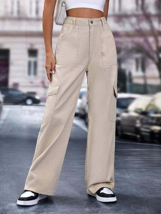 High Waist Six Pocket Beige Cargo Wide Leg Denim