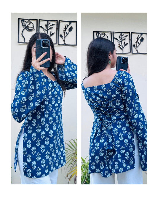 Cotton Square Neck Corset Back Short Kurti