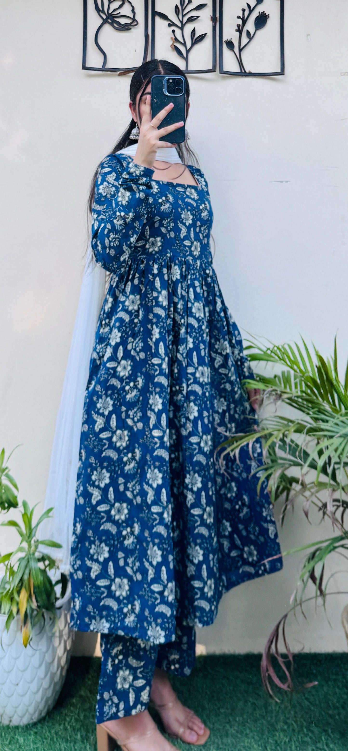 Beautiful Cotton Blue Anarkali Suit Set (Kurta+Pant+Dupatta)