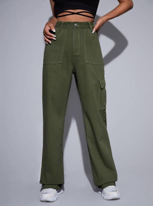 High Waist Six Pocket Olive Green Cargo Wide Leg Denim