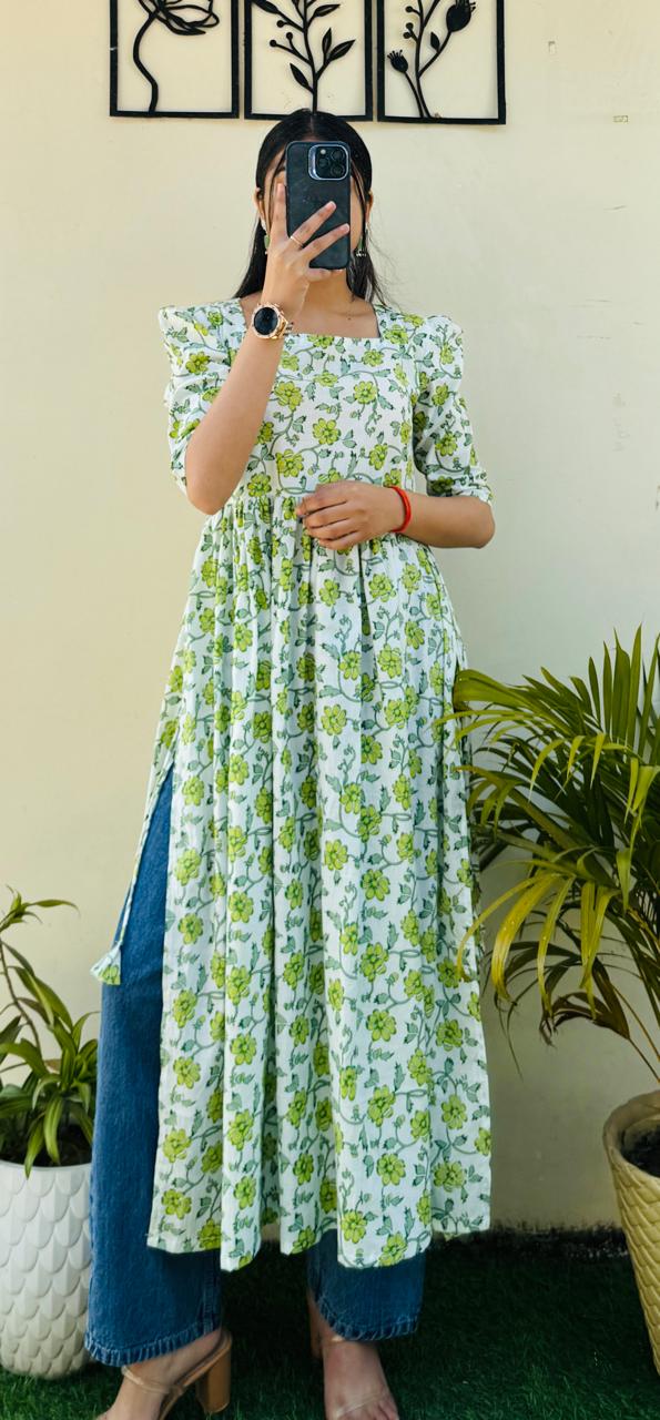 Cotton Printed White & Green Puff Sleeves Nyra Cut Long Kurti