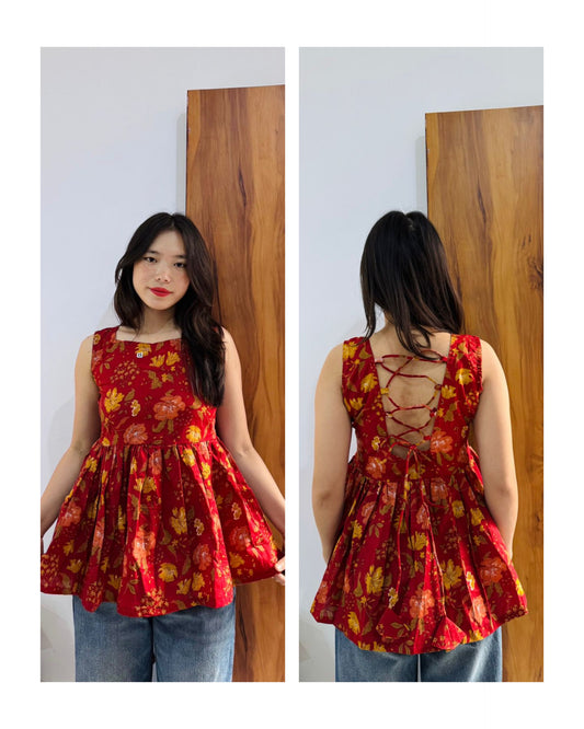 Cotton Flared Red Back Less Neck Design Short Kurti