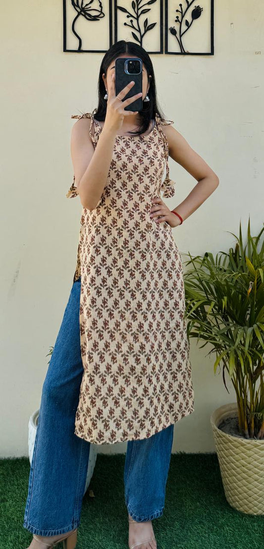 Cotton Katha Ajrakh Print Tie Knot Long Kurti