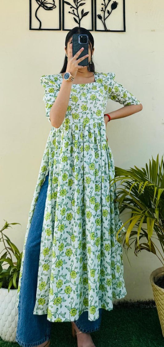 Cotton Printed White & Green Puff Sleeves Nyra Cut Long Kurti