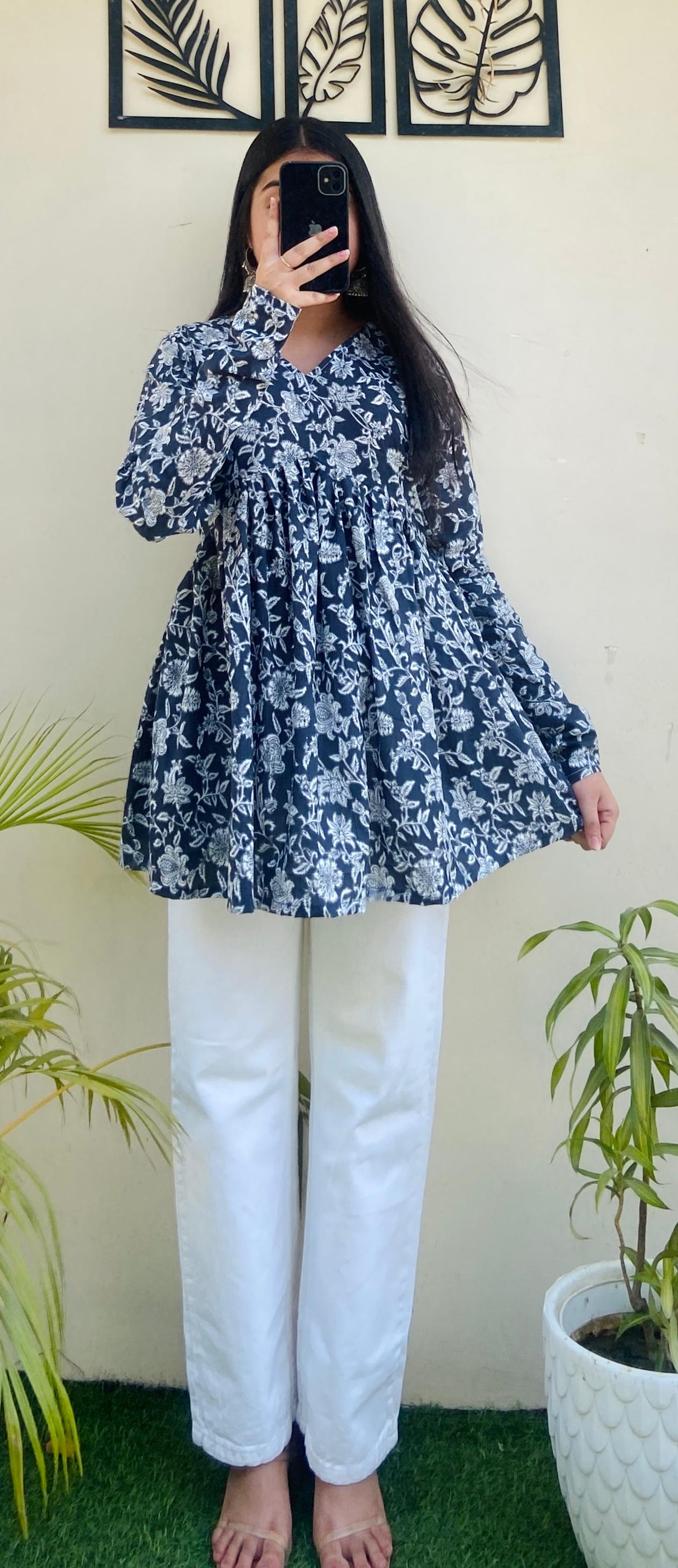Cotton Flared Floral Print Aliacut Peplum Top