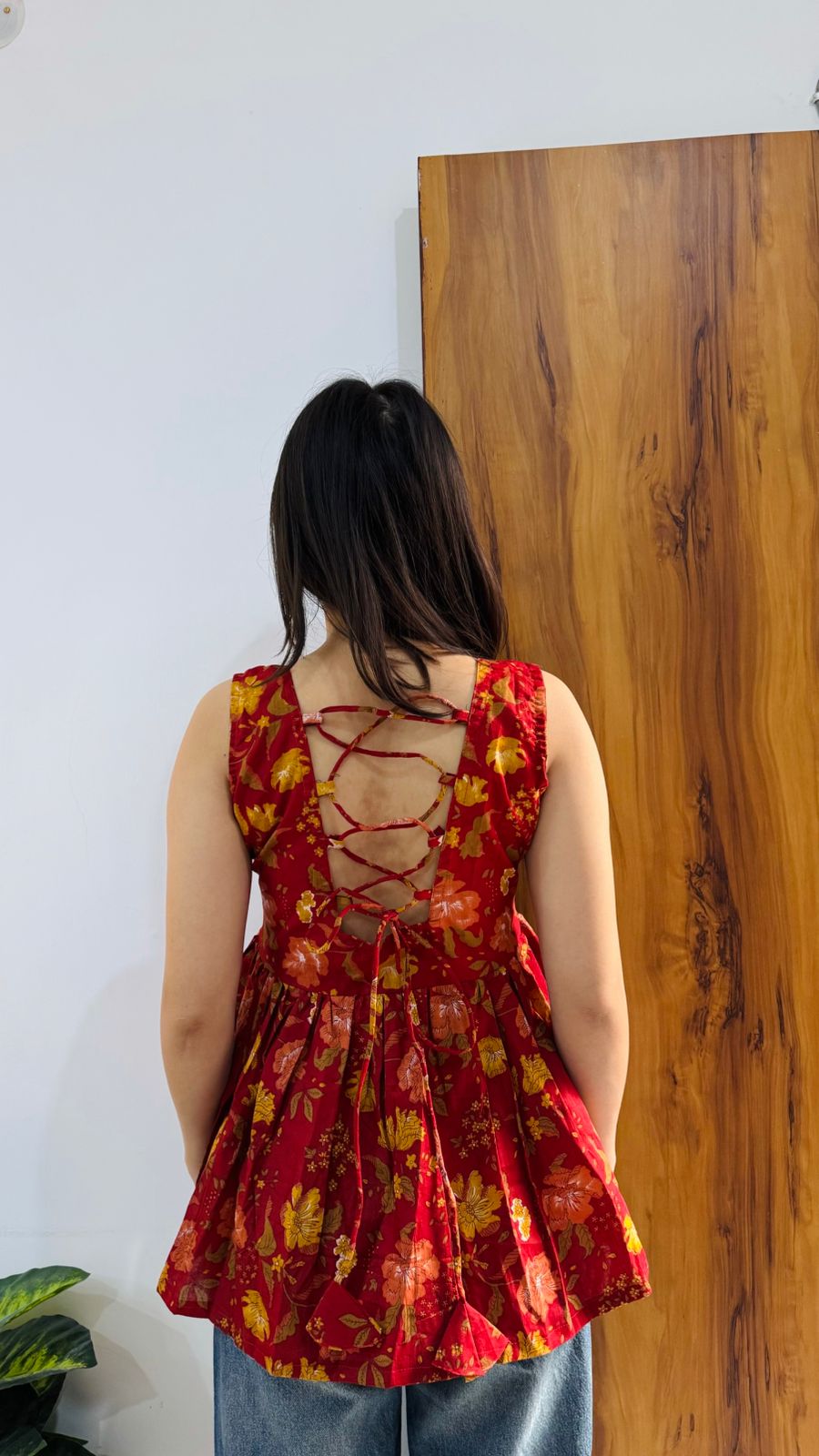 Cotton Flared Red Back Less Neck Design Short Kurti