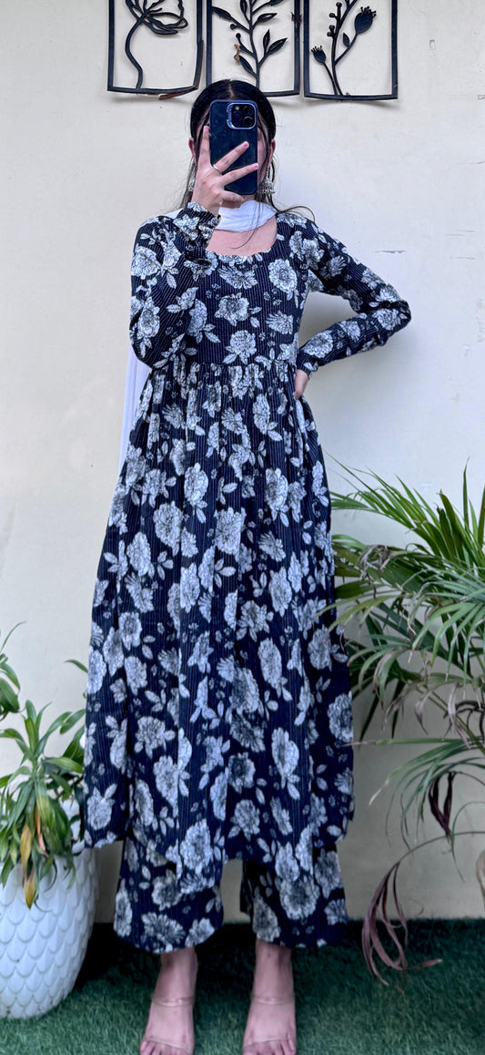 Beautiful Cotton Katha Black Anarkali Suit Set (Kurta+Pant+Dupatta)