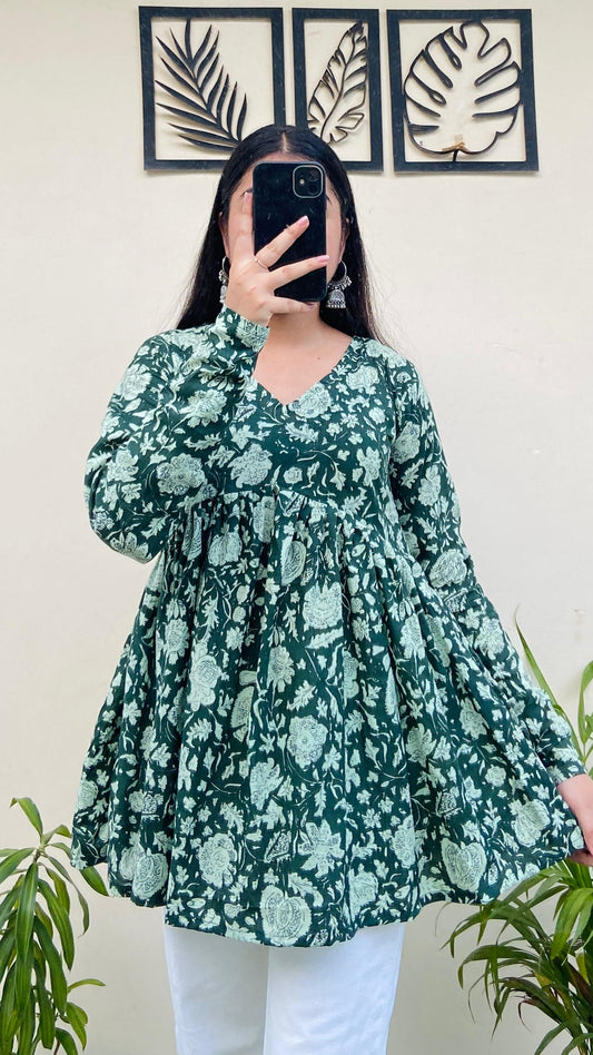 Cotton Flared Green Floral Print Aliacut Peplum Top