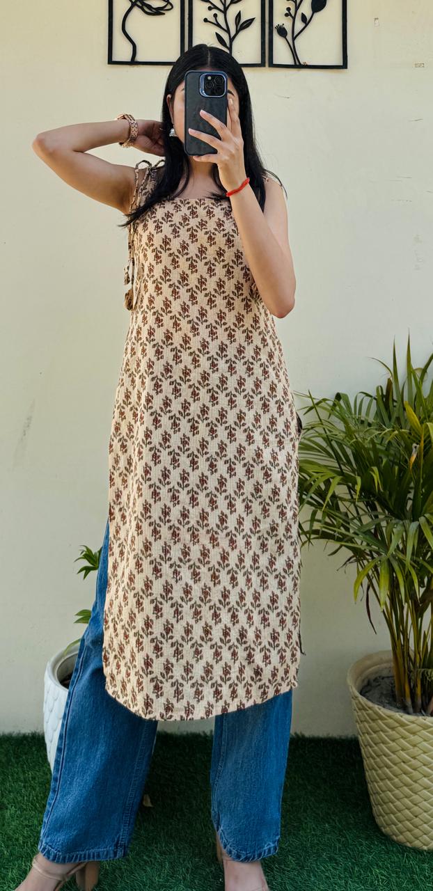 Cotton Katha Ajrakh Print Tie Knot Long Kurti