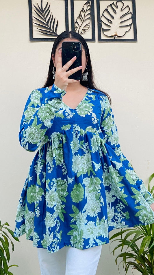 Cotton Flared Blue Floral Print Aliacut Peplum Top