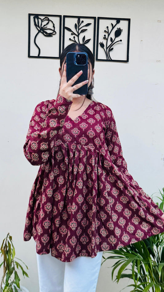 Cotton Flared Ajarakh Print Aliacut Peplum Top