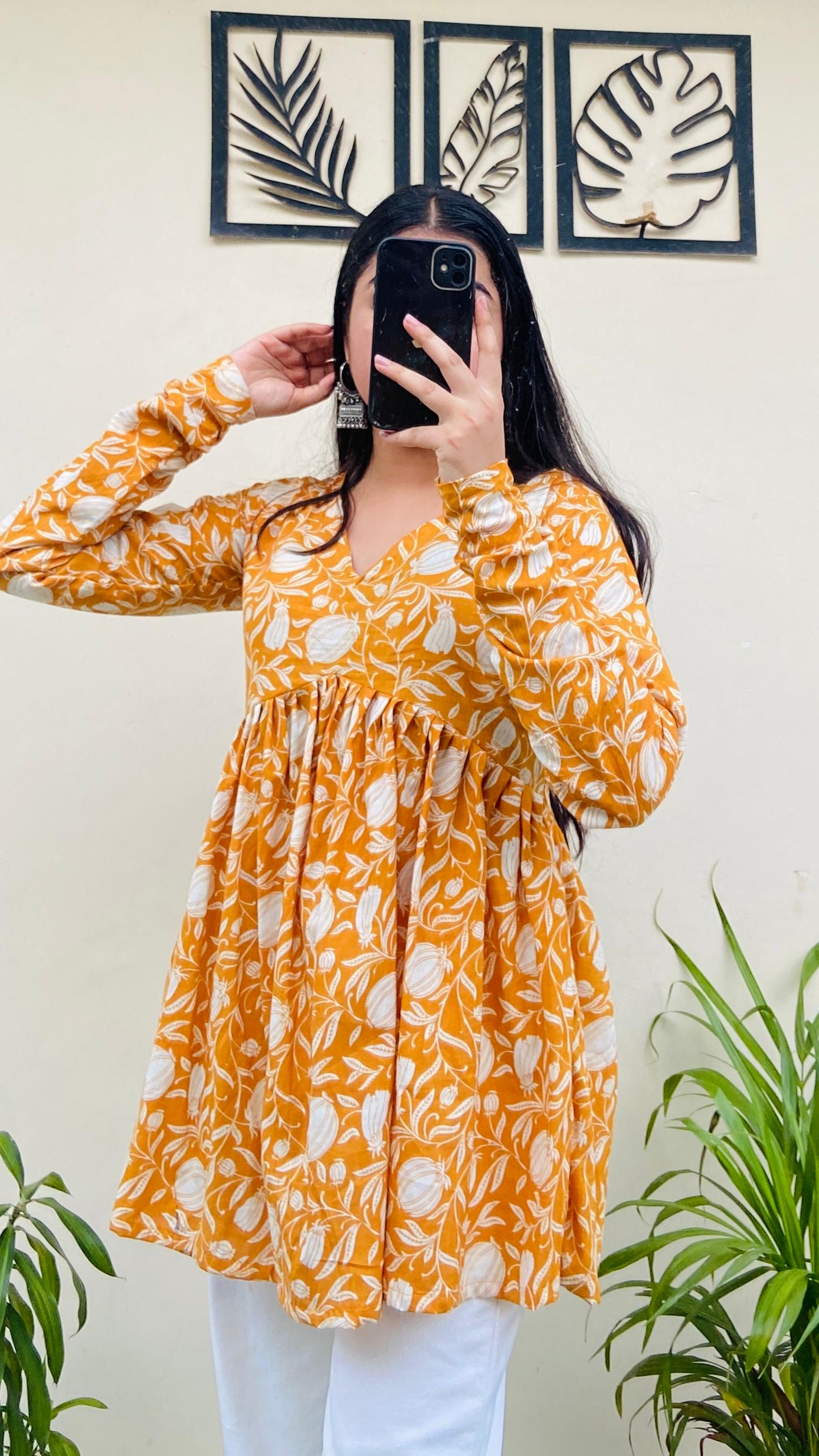 Cotton Flared Yellow Floral Print Aliacut Peplum Top