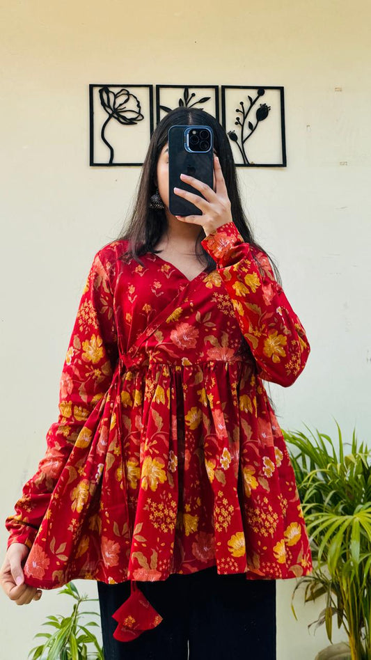 Cotton Red Angrakha Pattern Flared Floral Print Aliacut Peplum Top