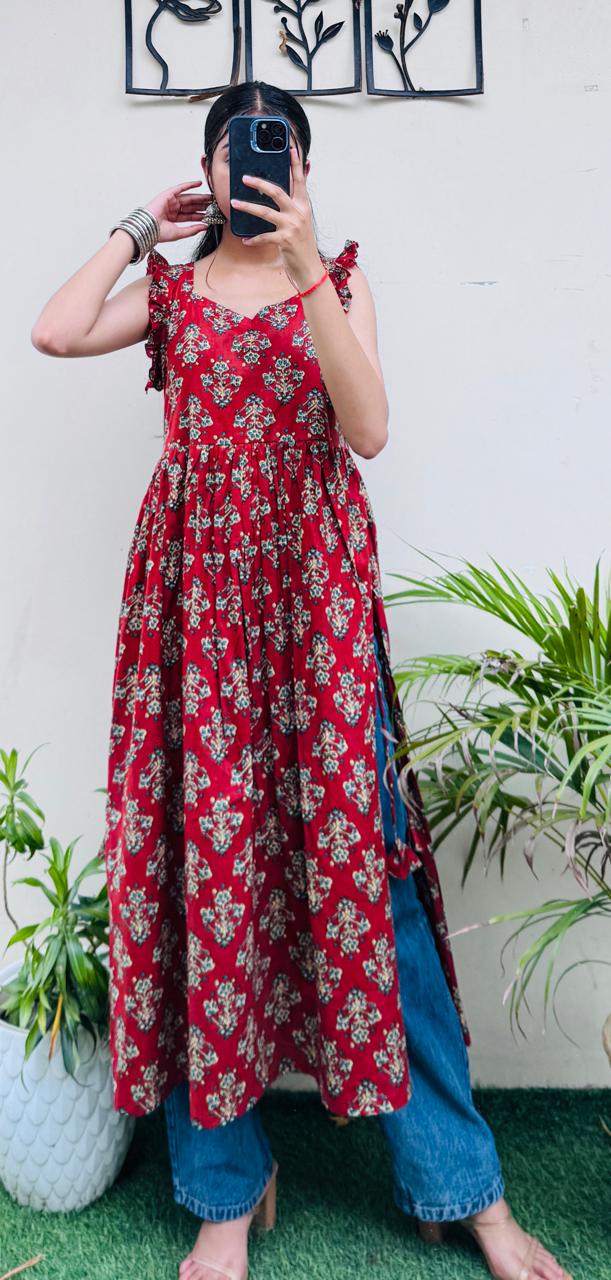 Cotton Ruffle Sleeveless Nayra Cut Long Kurti