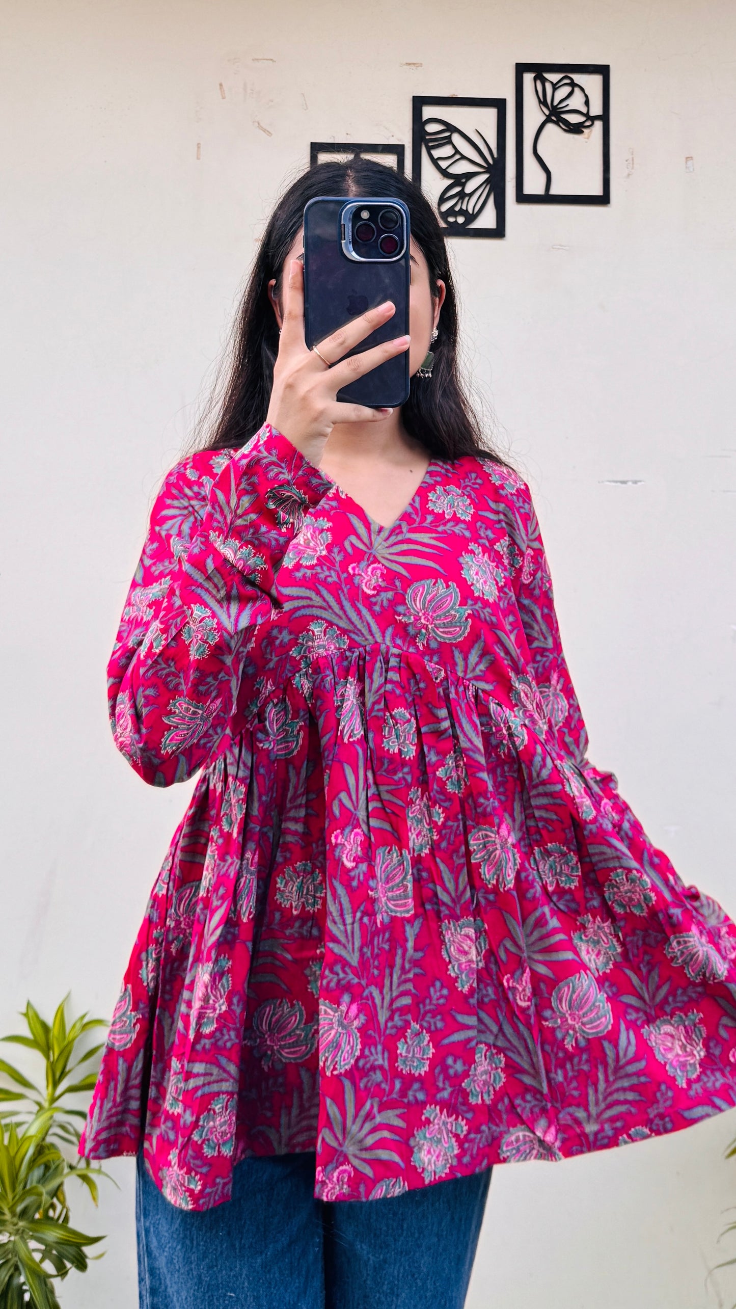 Cotton Dark Pink Flared Printed Aliacut Peplum Top