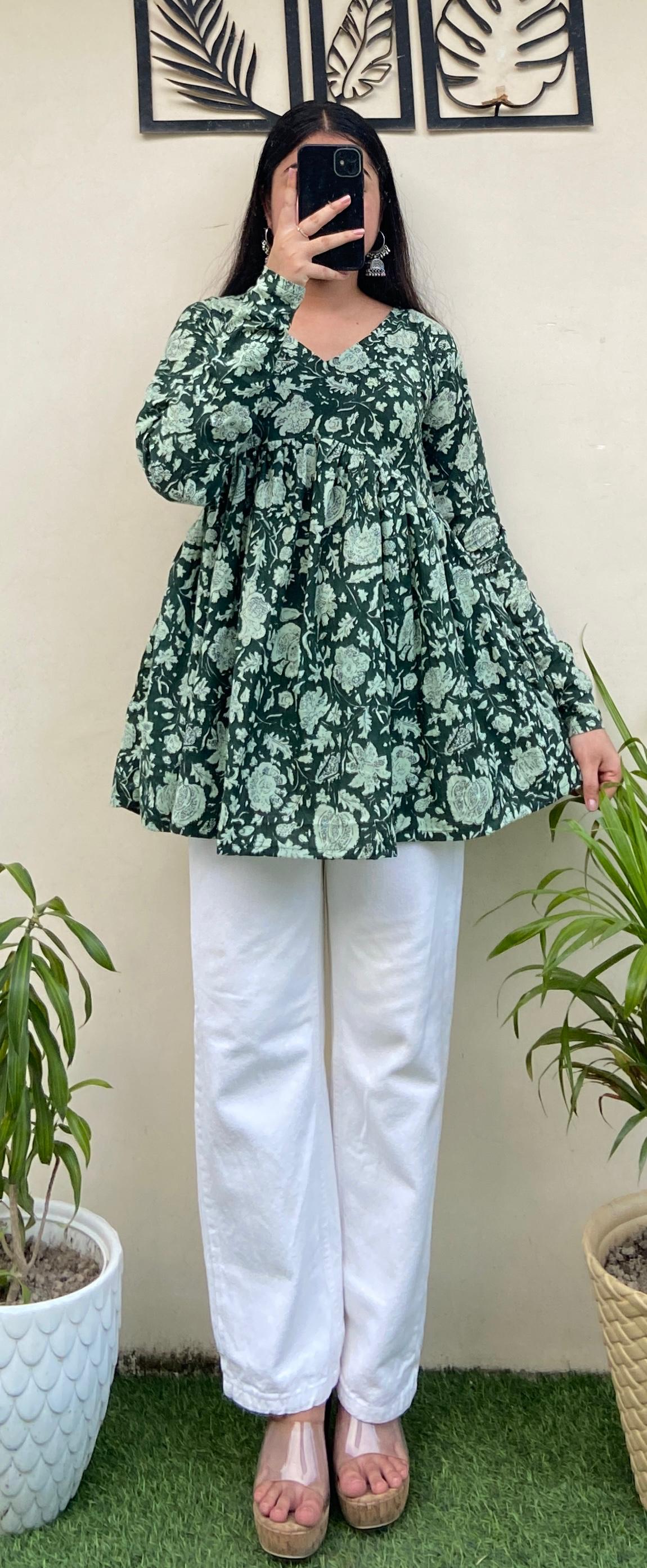 Cotton Flared Green Floral Print Aliacut Peplum Top