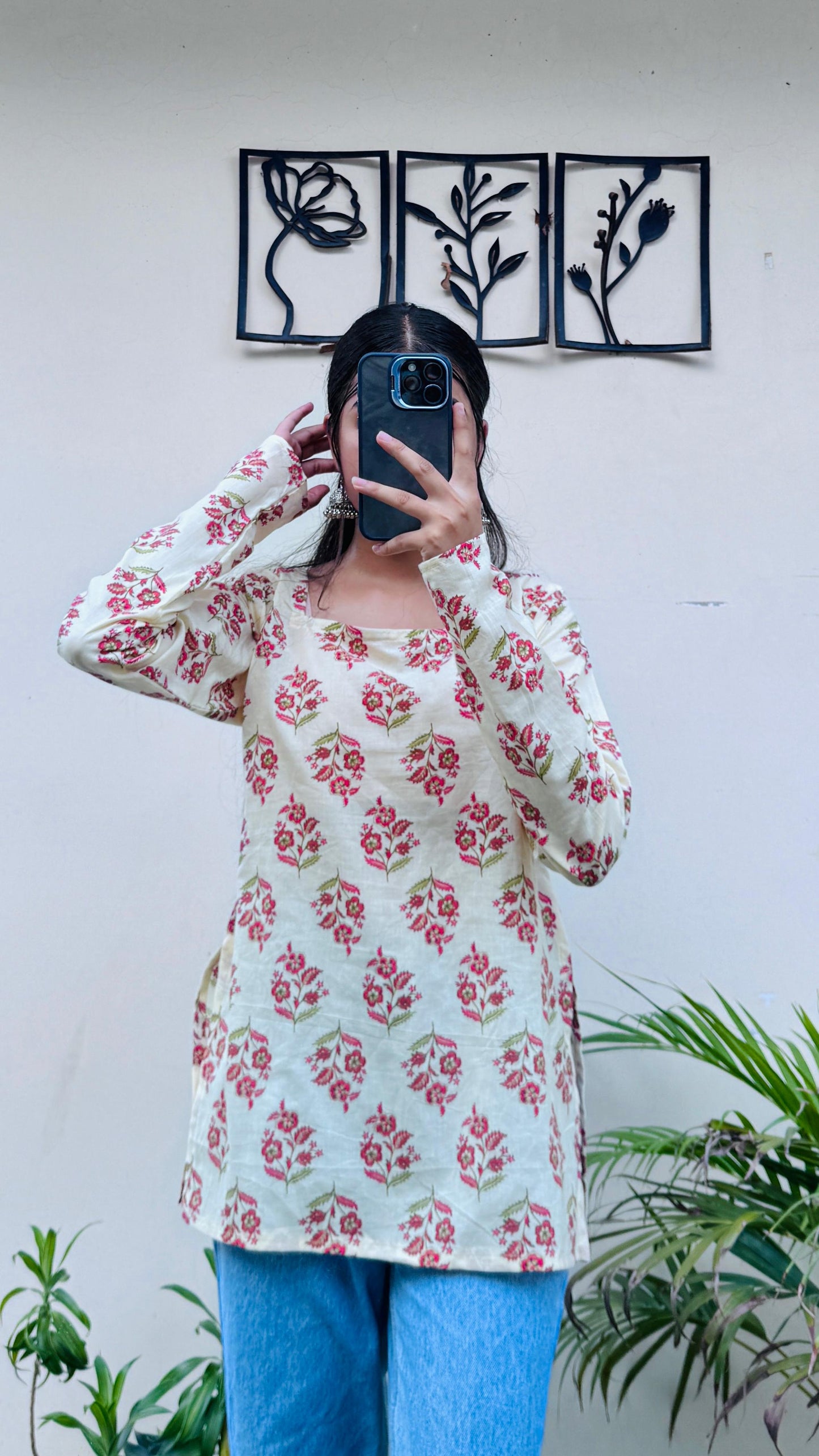 Cotton Cream Fullsleeve Short Kurti