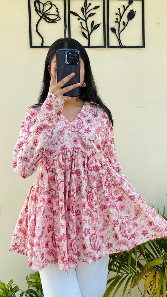 Cotton Pink Flared Floral Print Aliacut Peplum Top