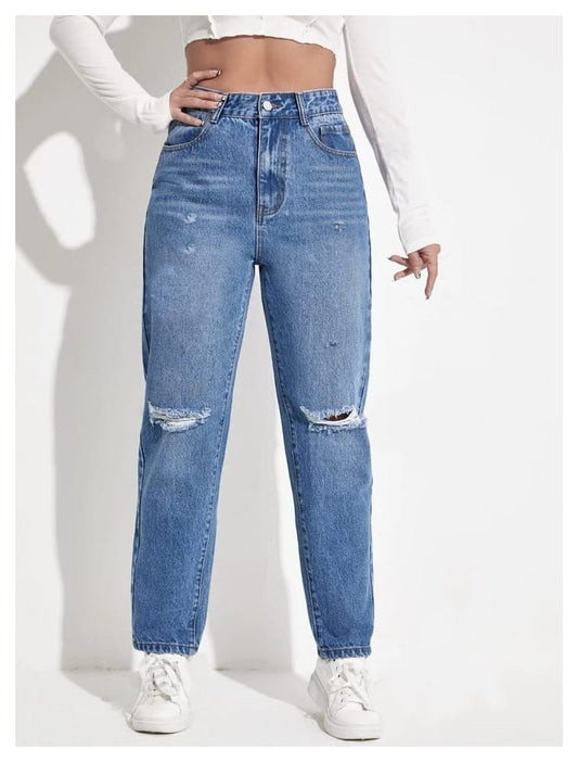 High Waist Knee Cut Ripped Stone Blue Mom Fit Wishker Denim Jeans