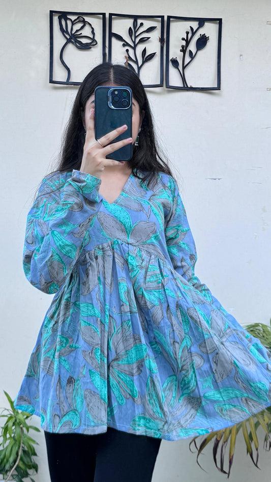 Cotton Blue Flared Printed Aliacut Peplum Top