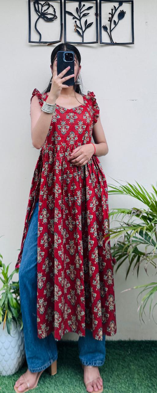 Cotton Ruffle Sleeveless Nayra Cut Long Kurti