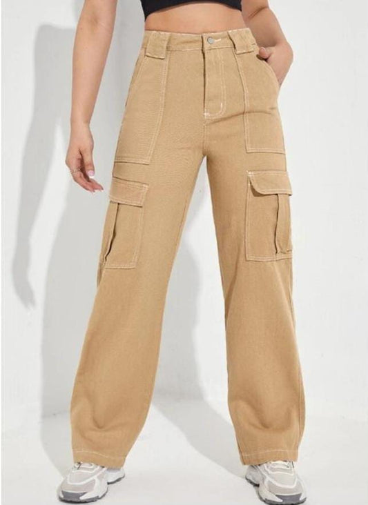 High Waist Six Pocket Khaki Cargo Wide Leg Denim
