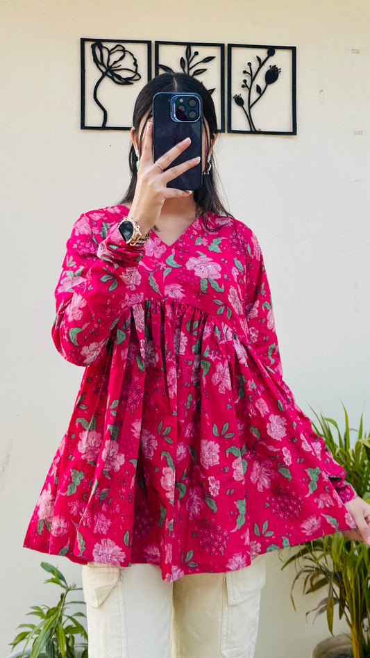Cotton Flared Floral Print Aliacut Peplum Top