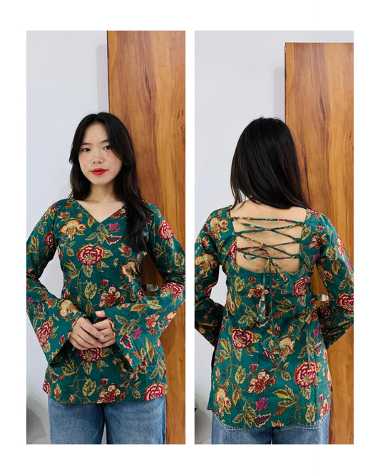 Cotton Bell Sleeves Back Crisscross Design Short Kurti