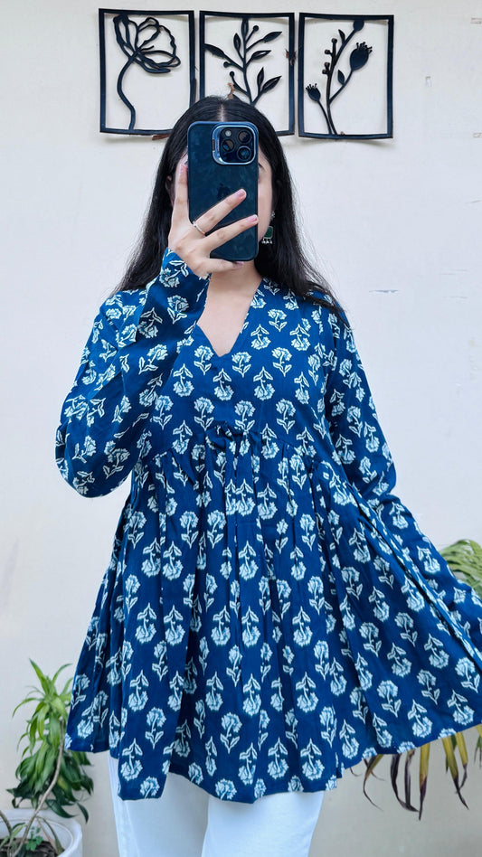 Cotton Blue Flared Printed Aliacut Peplum Top