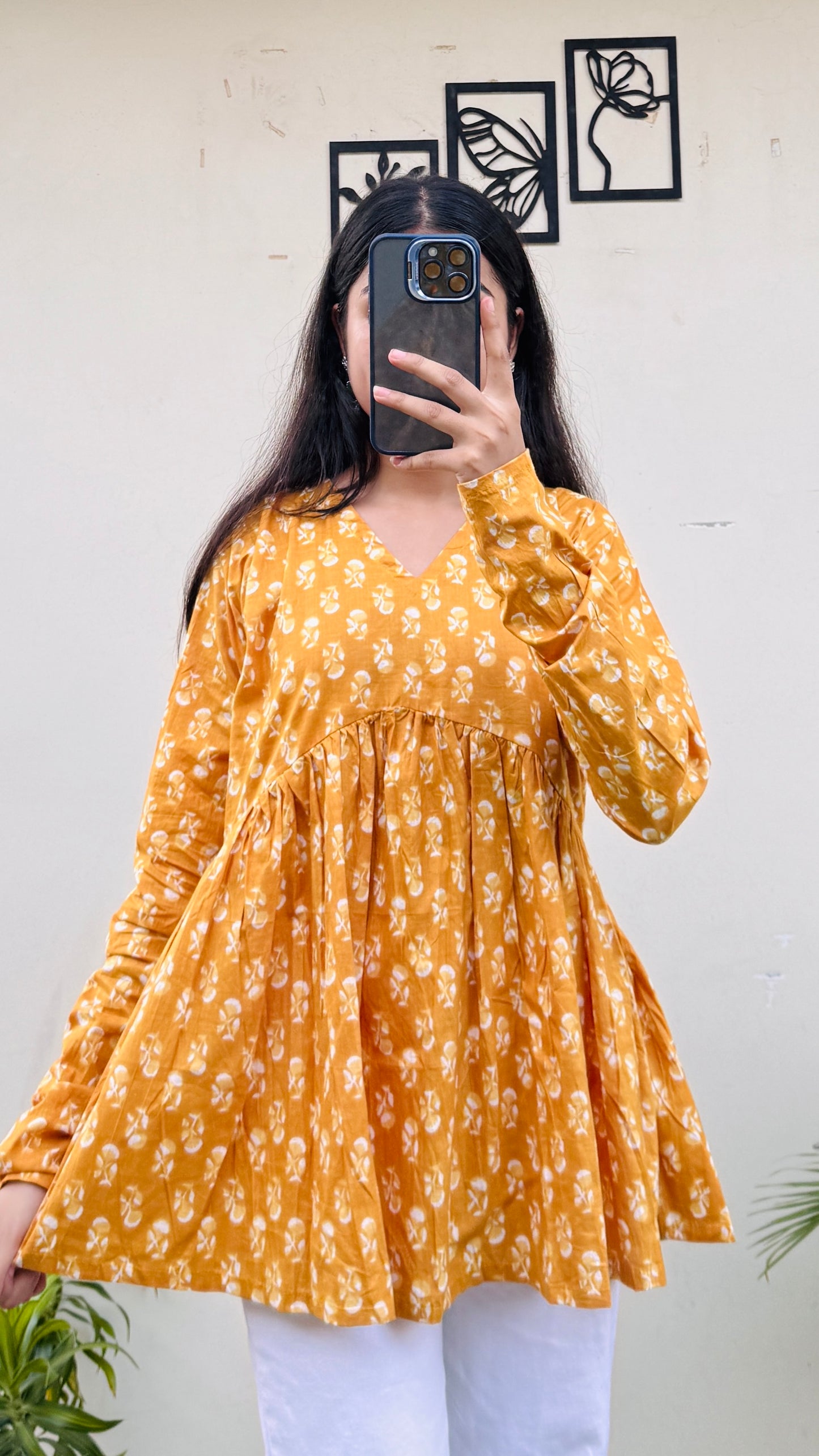 Cotton Yellow Flared Printed Aliacut Peplum Top