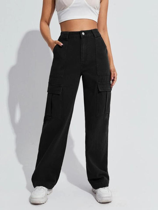 High Waist Six Pocket Black Cargo Wide Leg Denim