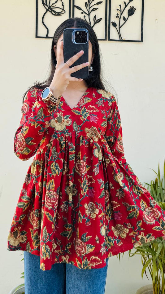 Cotton Flared Floral Print Aliacut Peplum Top