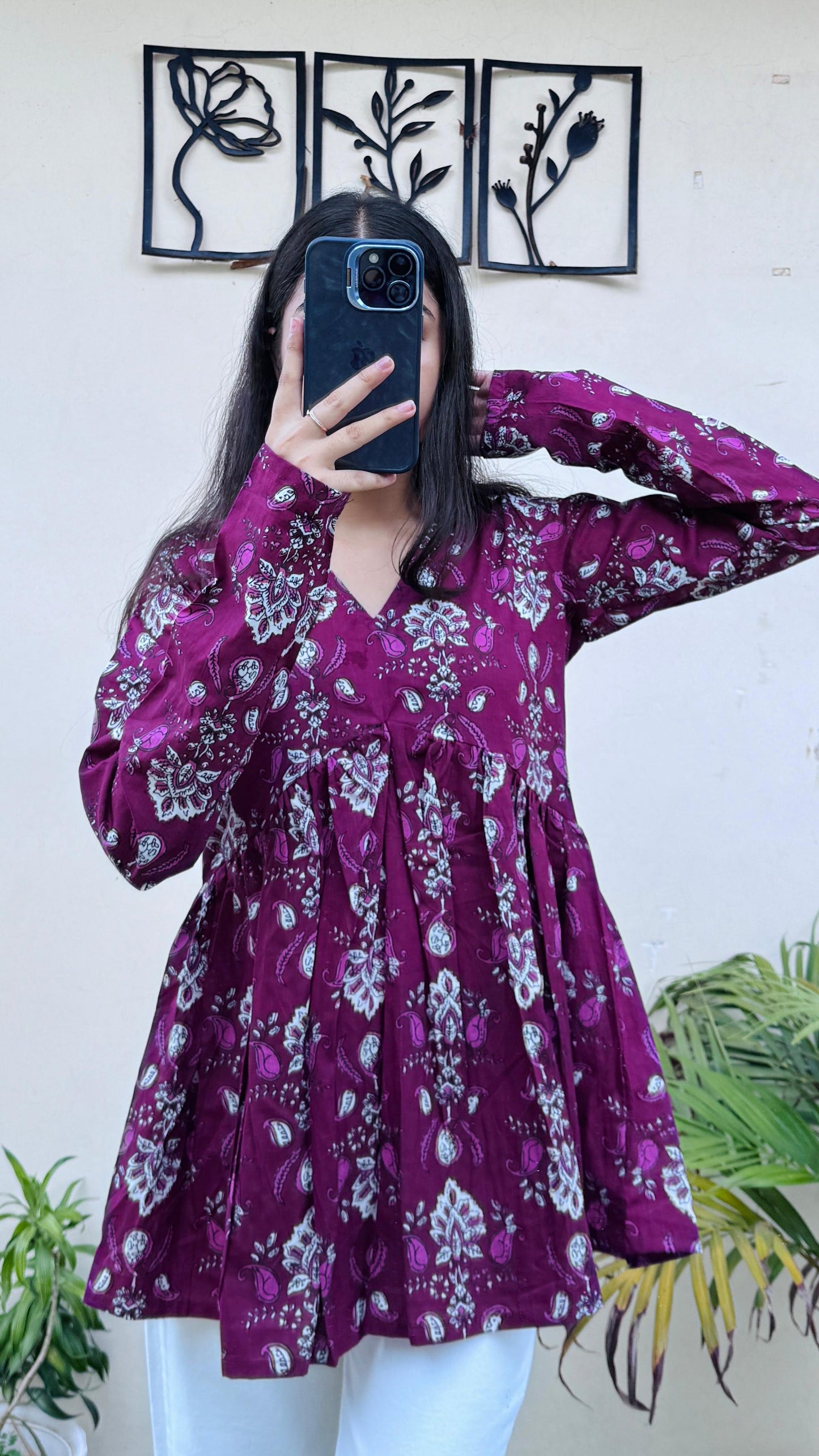 Cotton Wine Flared Floral Print Aliacut Peplum Top