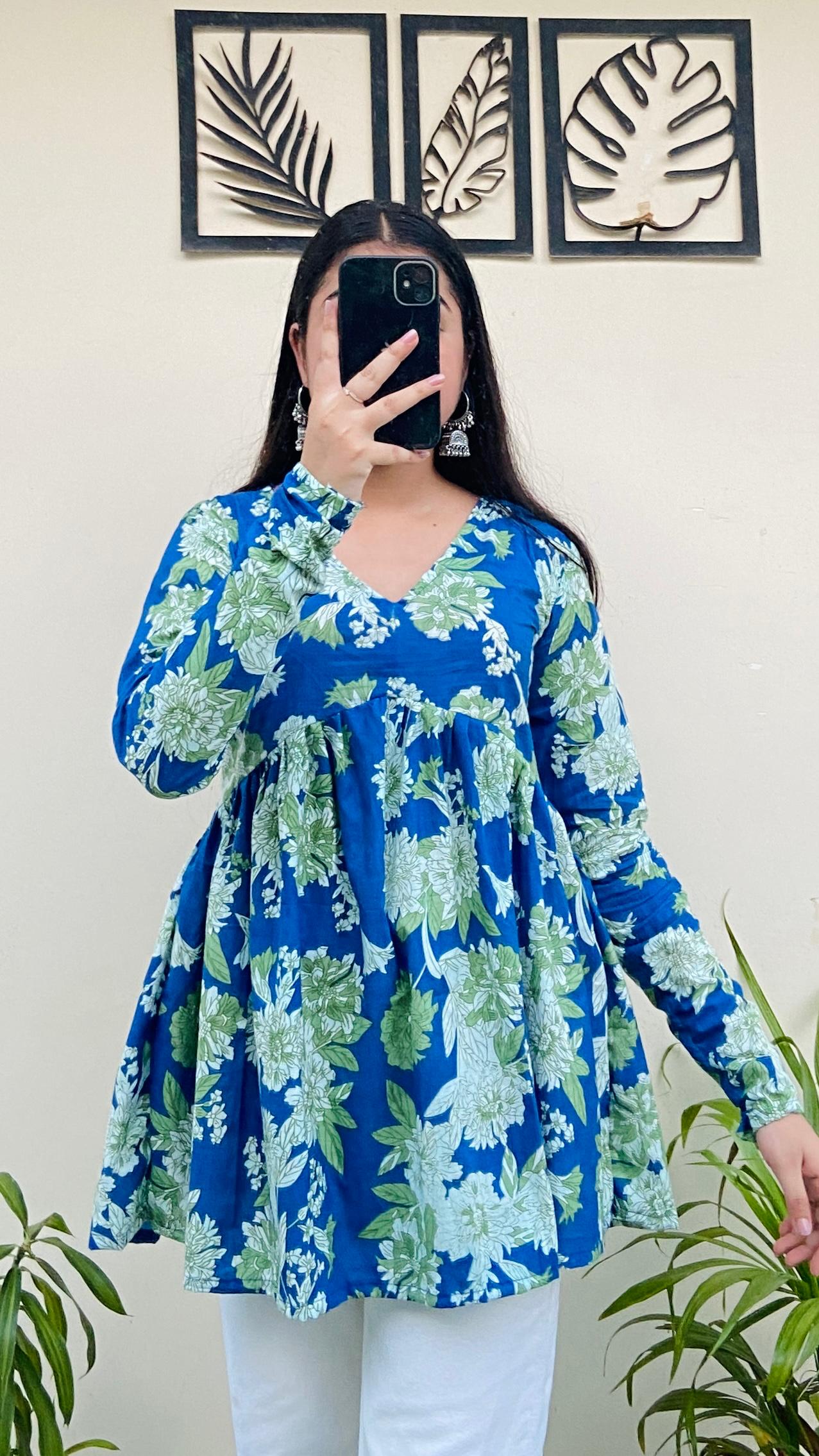 Cotton Flared Blue Floral Print Aliacut Peplum Top