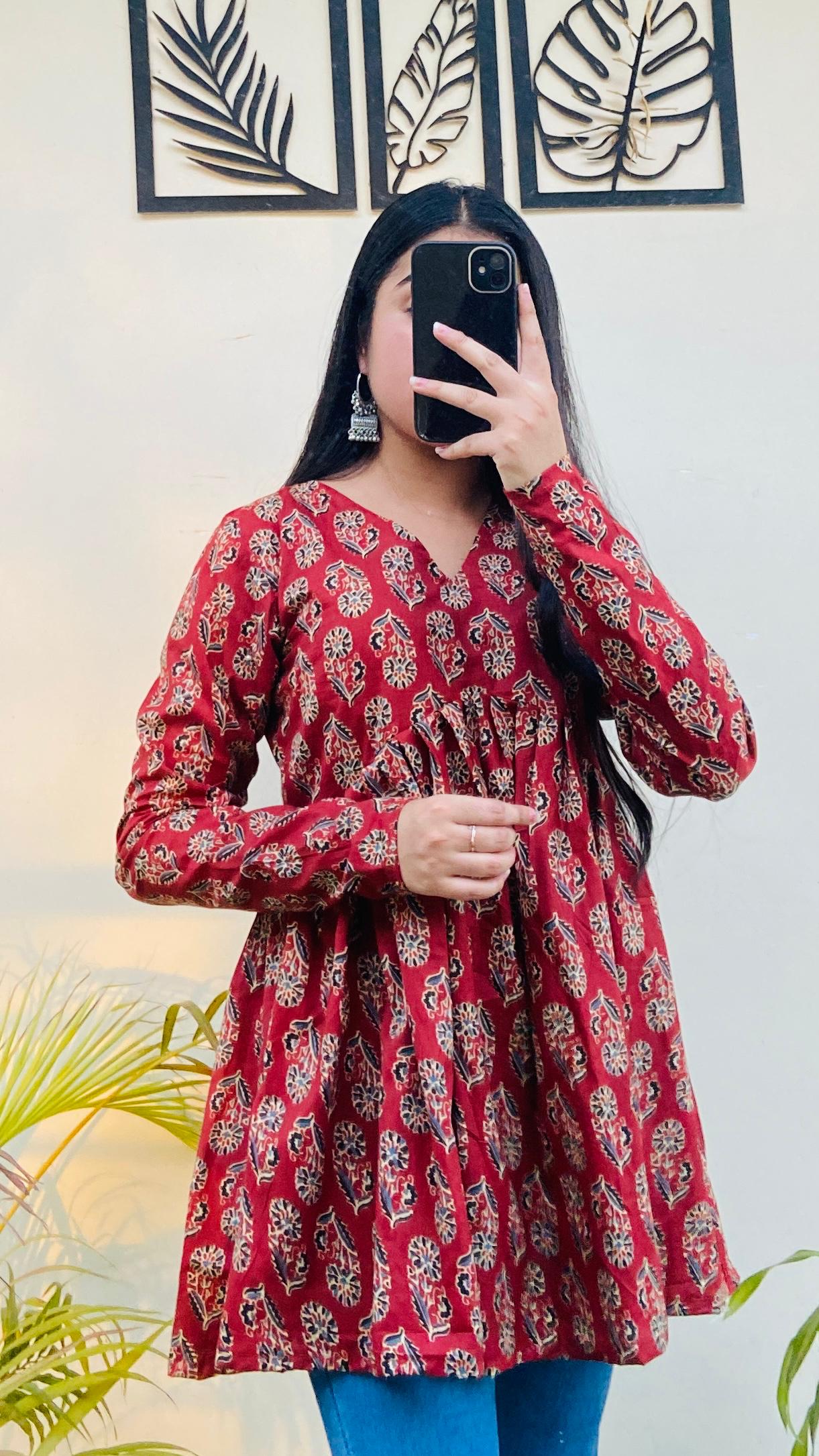 Cotton Flared Ajarakh Print Aliacut Peplum Top