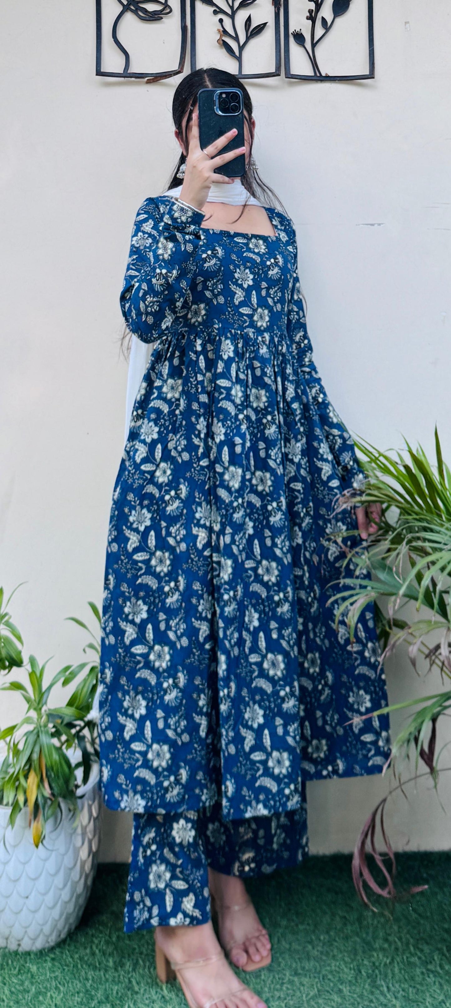 Beautiful Cotton Blue Anarkali Suit Set (Kurta+Pant+Dupatta)