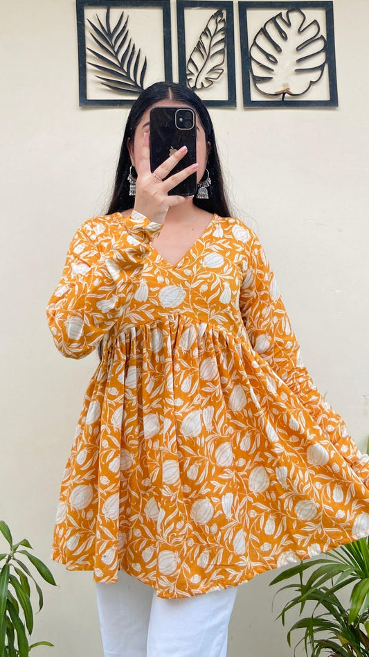 Cotton Flared Yellow Floral Print Aliacut Peplum Top