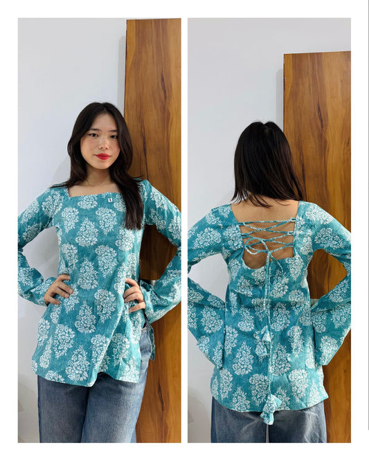 Cotton Bell Sleeves Back Crisscross Design Short Kurti