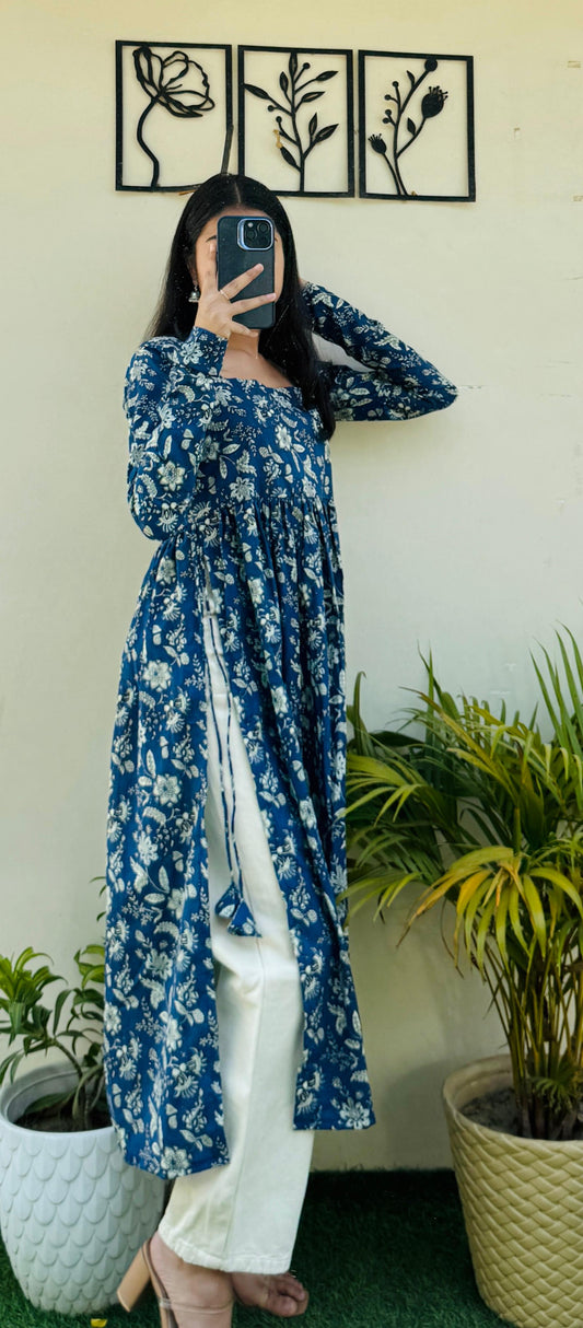 Cotton Full Sleeve Blue Nayra Cut Long Kurti