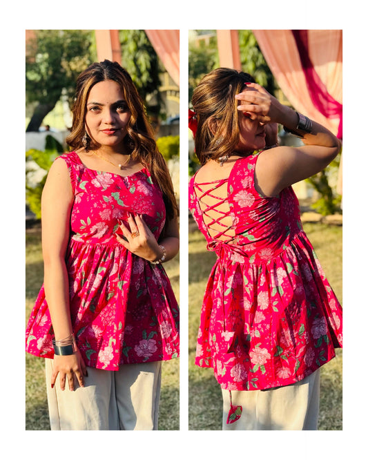 Cotton Flared Pink Backless Neck Design Short Kurti