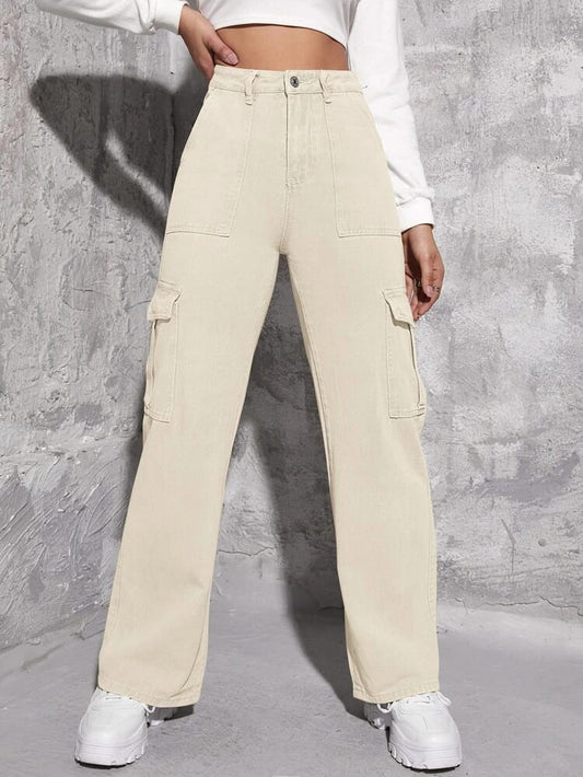 High Waist Six Pocket Cream Cargo Wide Leg Denim