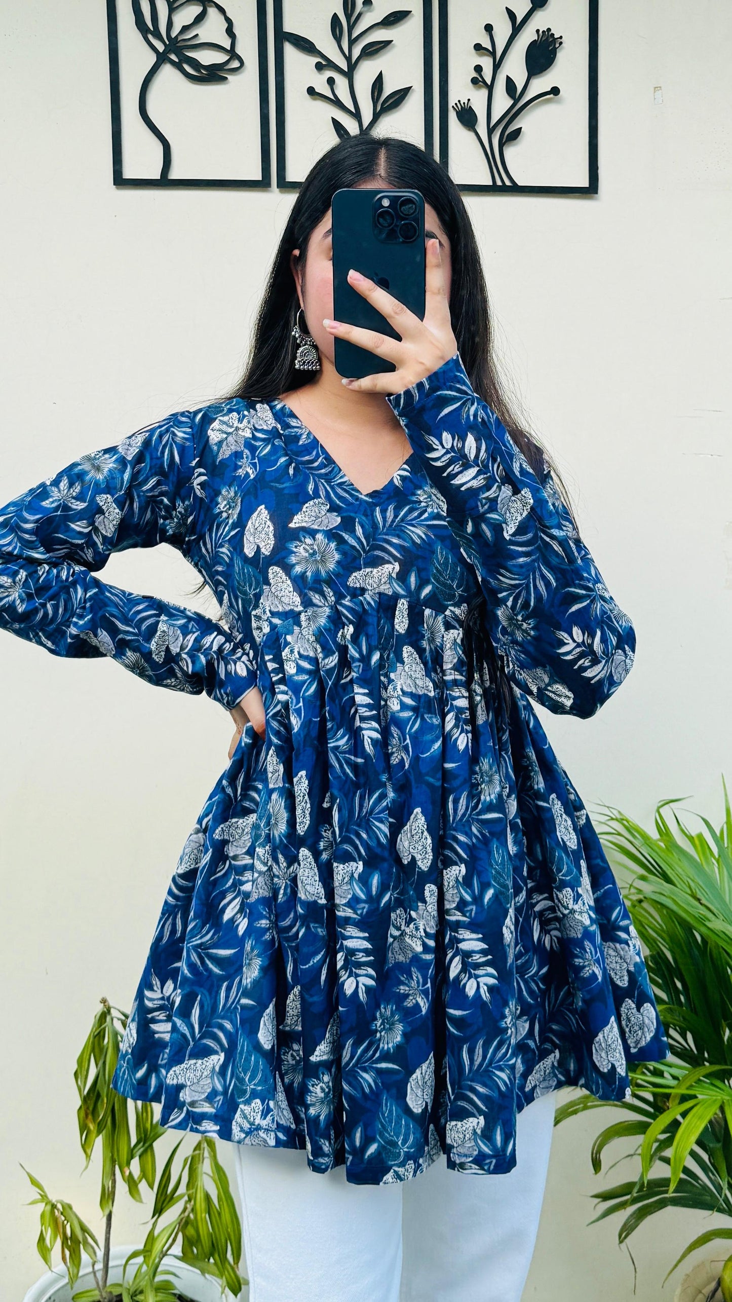 Cotton Flared Blue Floral Print Aliacut Peplum Top
