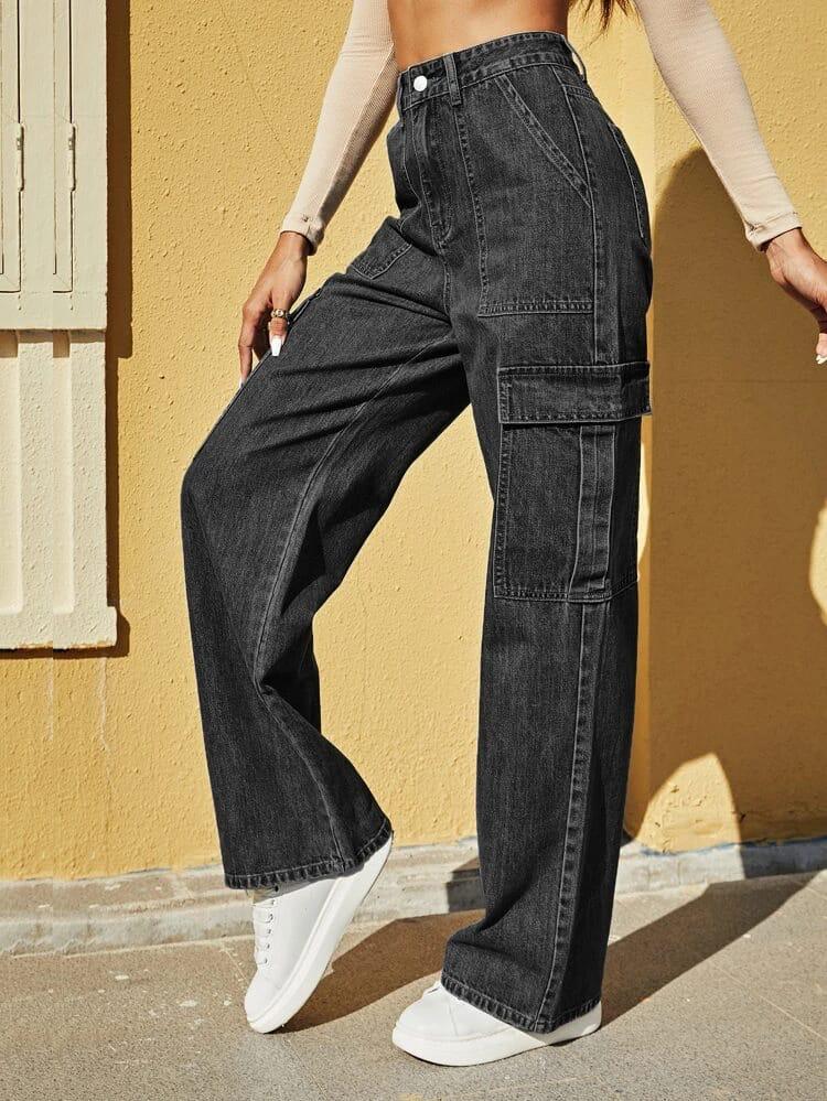 High Waist Six Pocket Charcoal Cargo Wide Leg Denim