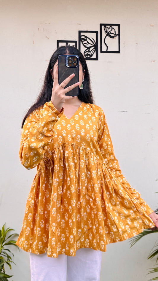 Cotton Yellow Flared Printed Aliacut Peplum Top