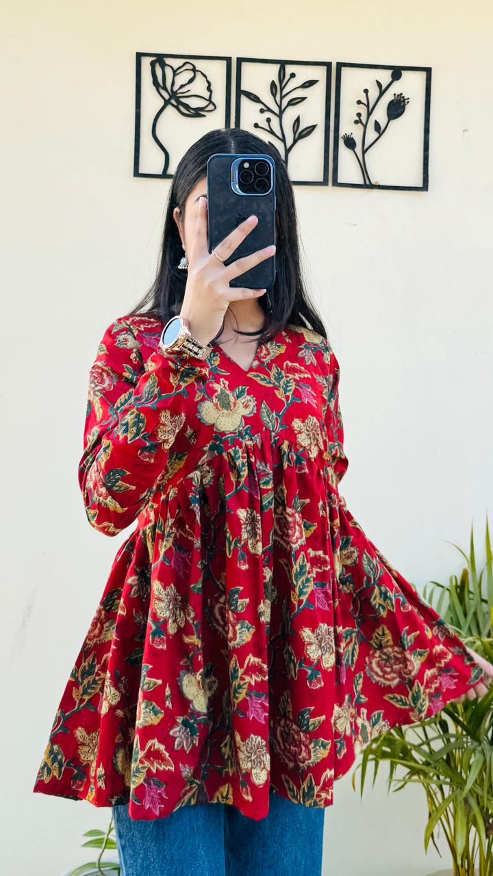 Cotton Flared Floral Print Aliacut Peplum Top