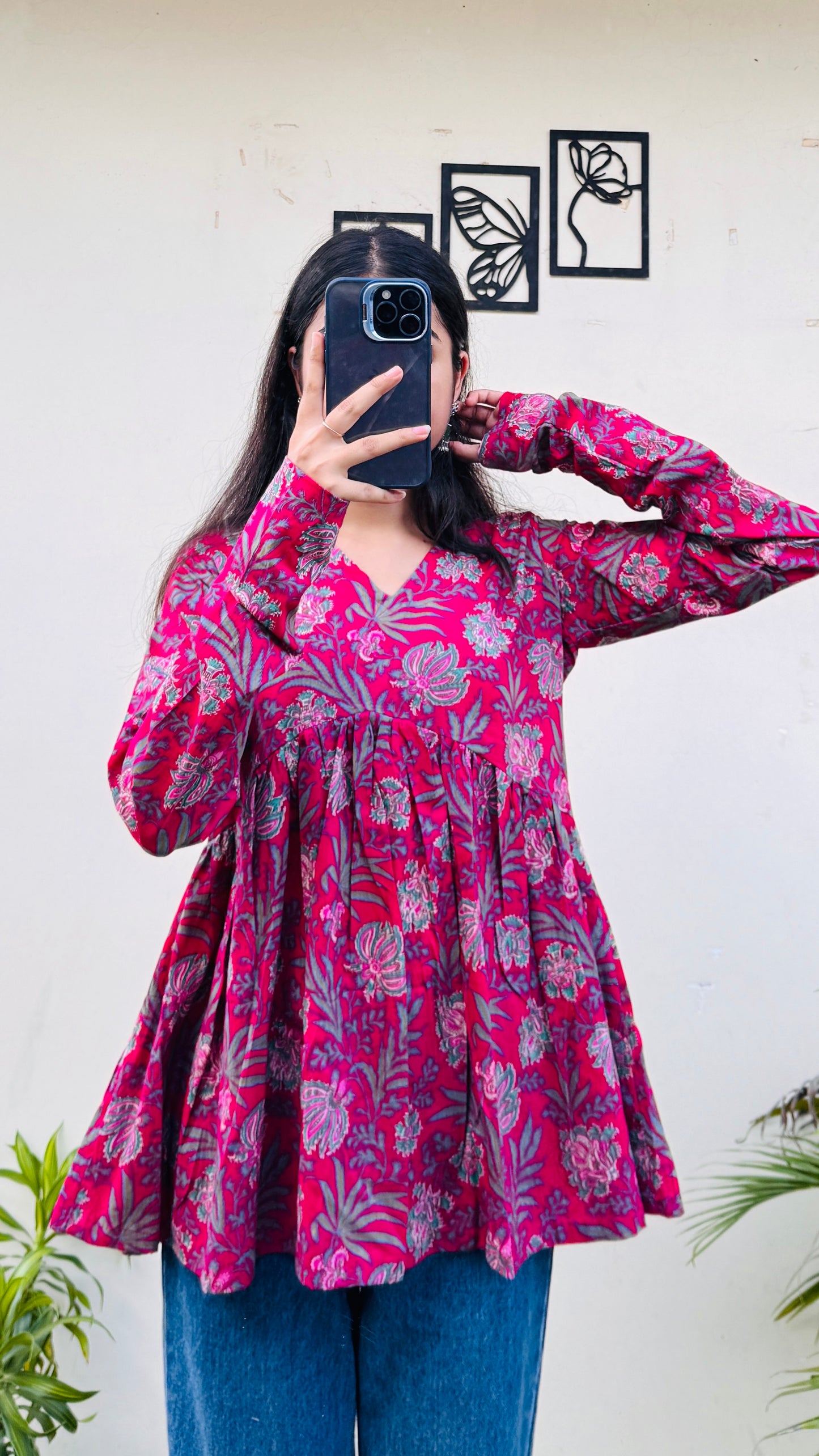 Cotton Dark Pink Flared Printed Aliacut Peplum Top