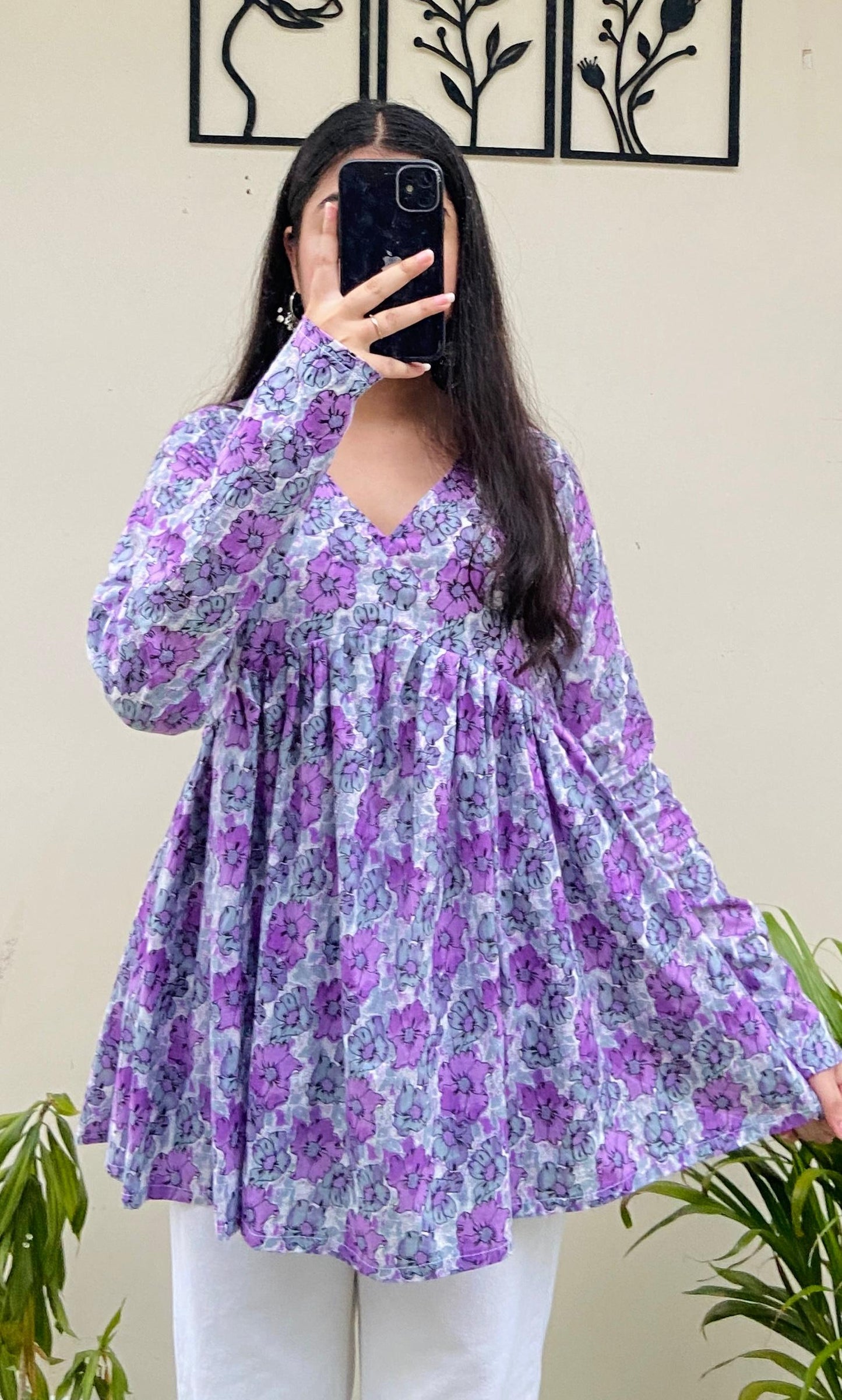 Cotton Flared Purple Floral Print Aliacut Peplum Top