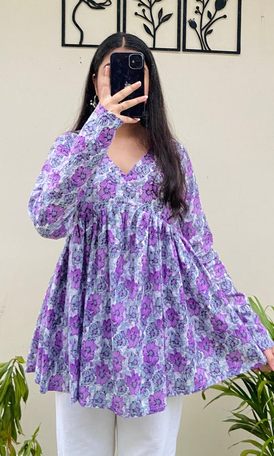Cotton Flared Purple Floral Print Aliacut Peplum Top
