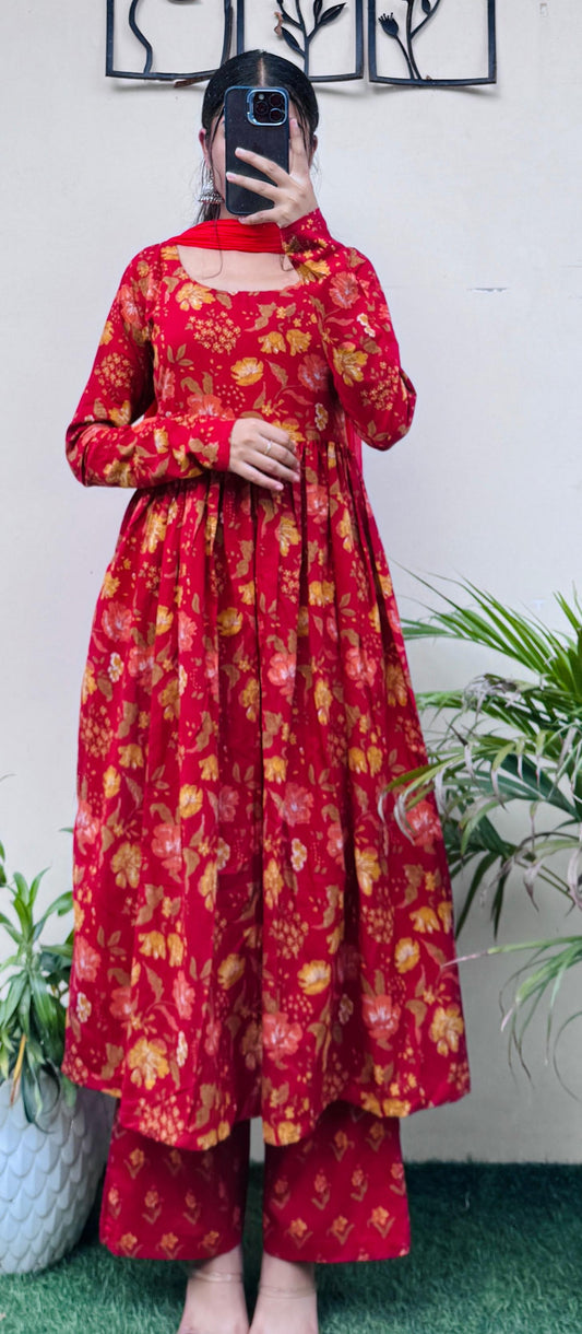 Beautiful Cotton Katha Black Anarkali Suit Set (Kurta+Pant+Dupatta)
