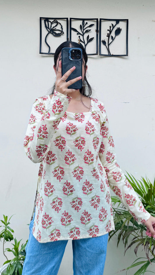 Cotton Cream Fullsleeve Short Kurti